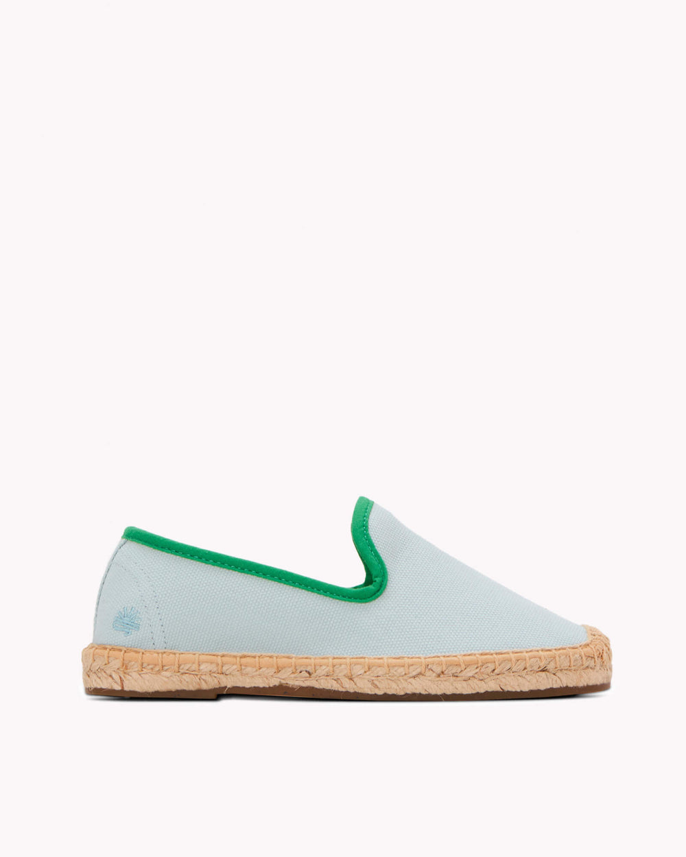 Kids mint espadrille shoes with green piping on gray background