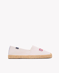 Side view of men's USA embroidery espadrille in white with blue and red embroidery