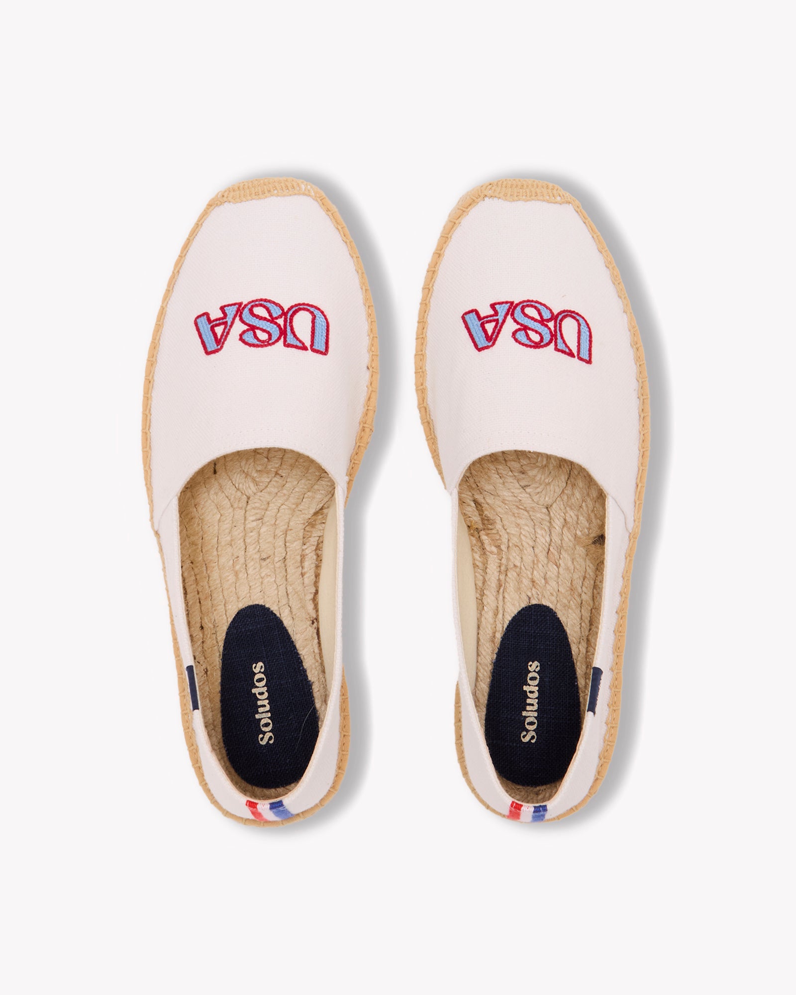 Overhead view of men's USA embroidery espadrille in white with blue and red embroidery