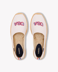 Overhead view of men's USA embroidery espadrille in white with blue and red embroidery