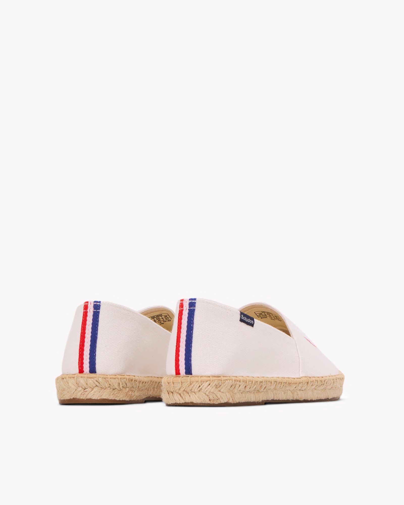 Angled back view of men's USA embroidery espadrille in white with blue and red embroidery